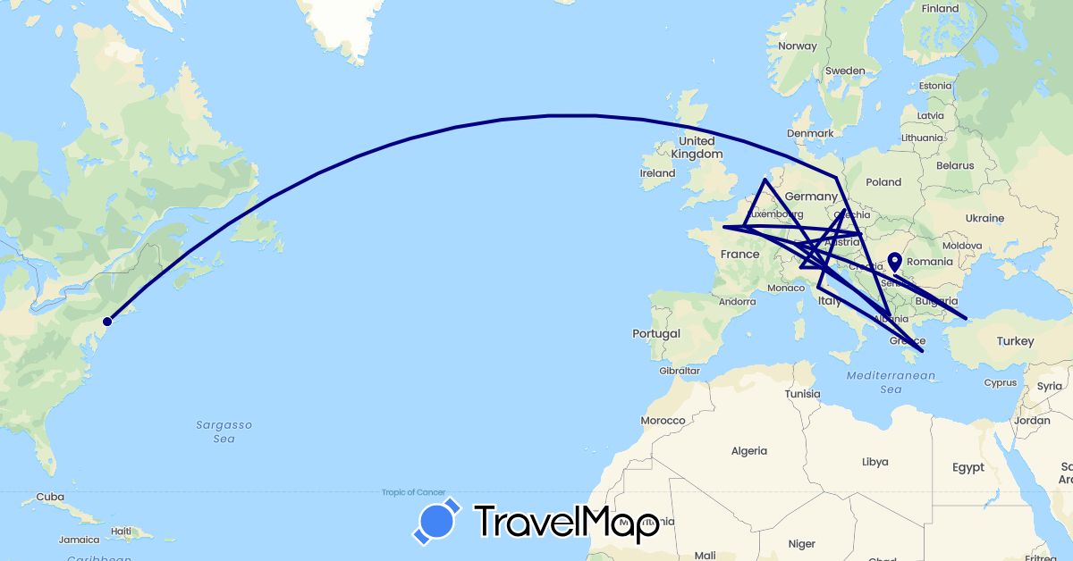 TravelMap itinerary: driving in Albania, Austria, Switzerland, Czech Republic, Germany, France, Greece, Italy, Netherlands, Serbia, Turkey, United States (Asia, Europe, North America)